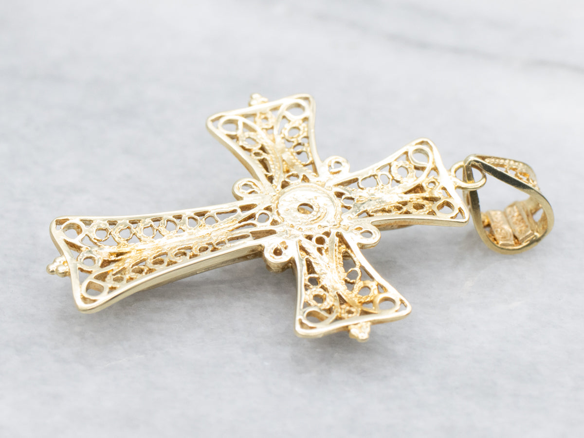 Gold and Blue Enamel Filigree Cross Pendant