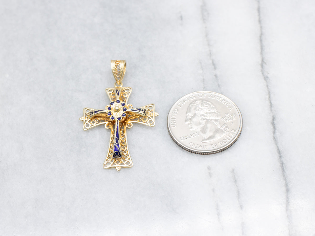 Gold and Blue Enamel Filigree Cross Pendant