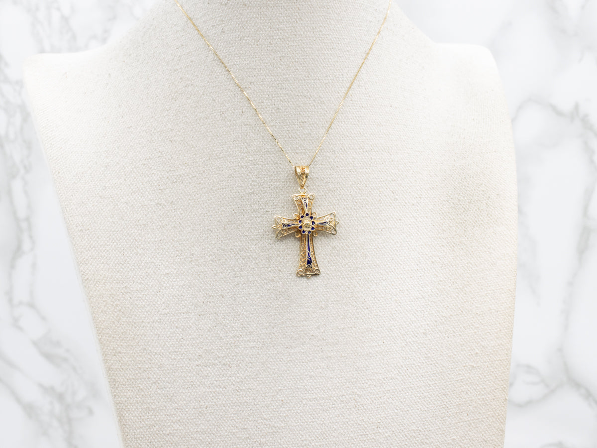 Gold and Blue Enamel Filigree Cross Pendant