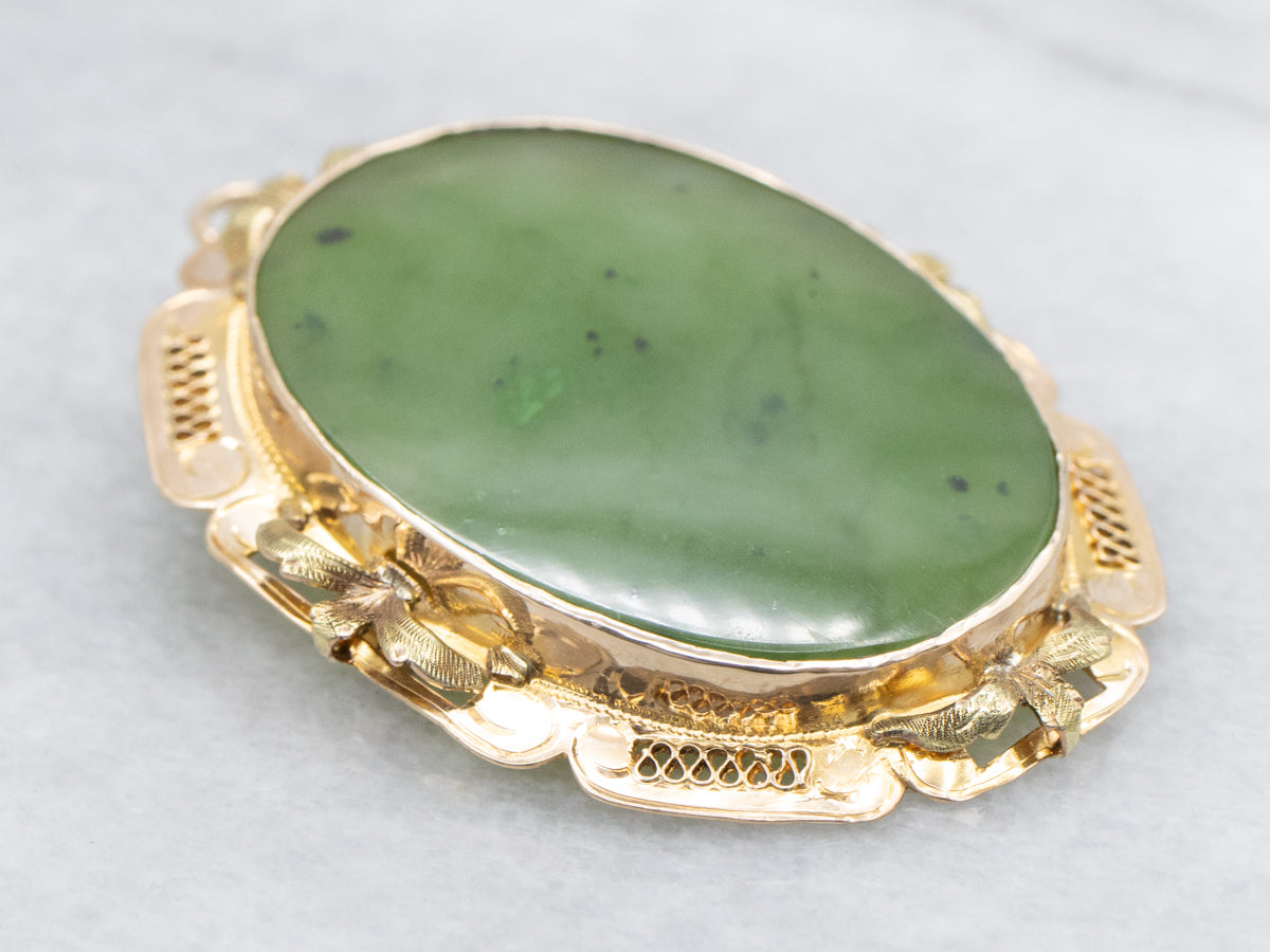 Vintage Gold Nephrite Jade Pendant or Brooch
