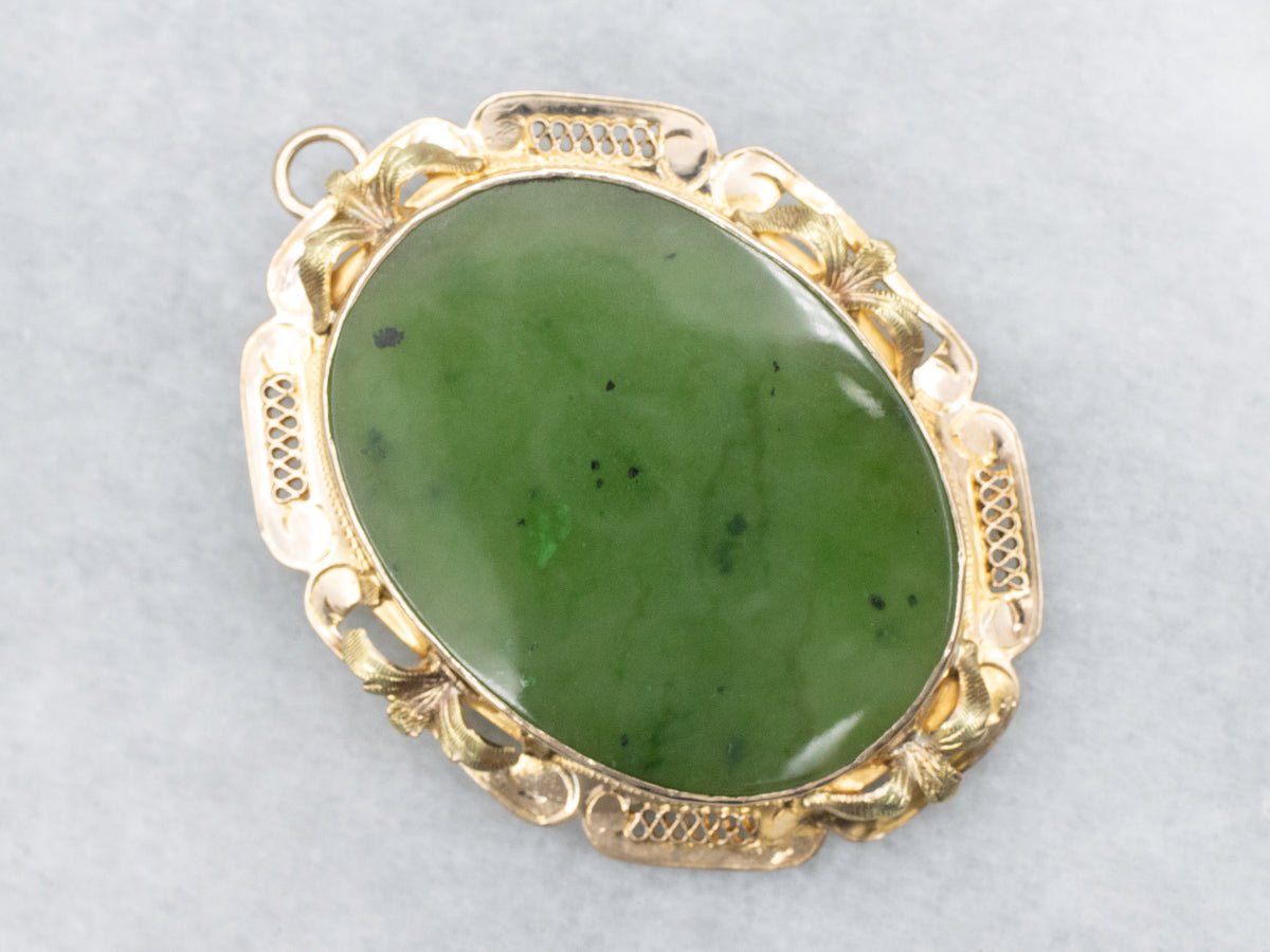 Vintage Gold Nephrite Jade Pendant or Brooch