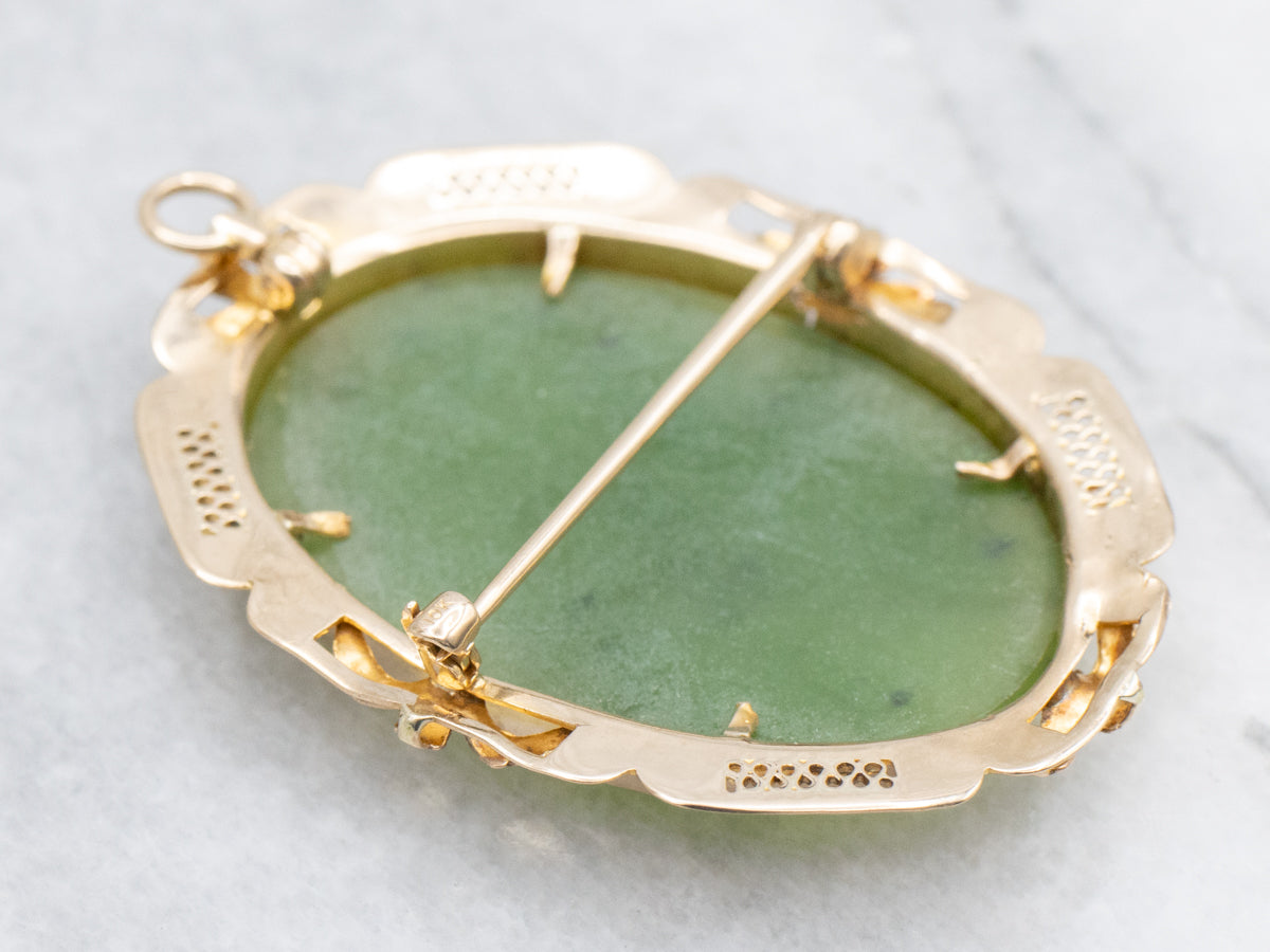 Vintage Gold Nephrite Jade Pendant or Brooch