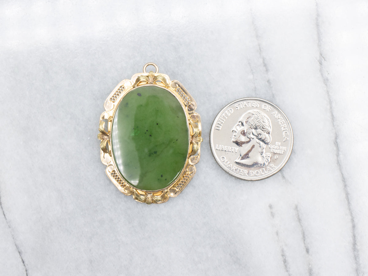 Vintage Gold Nephrite Jade Pendant or Brooch