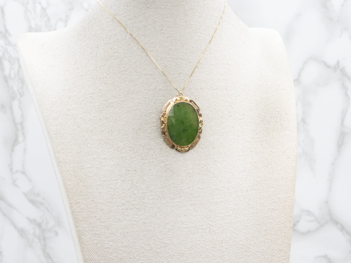 Vintage Gold Nephrite Jade Pendant or Brooch