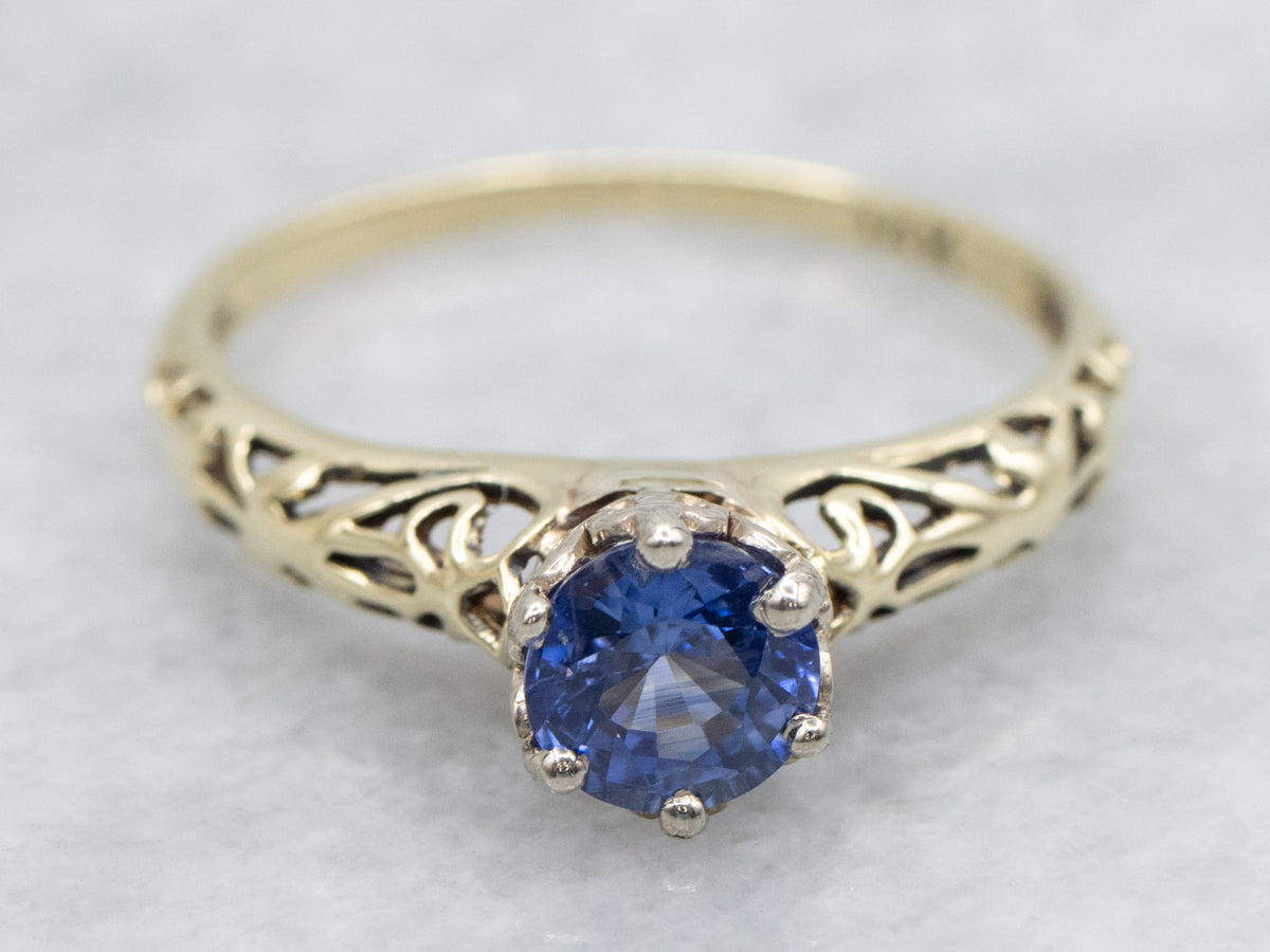 Art Deco Six-Prong Sapphire Solitaire Filigree Engagement Ring