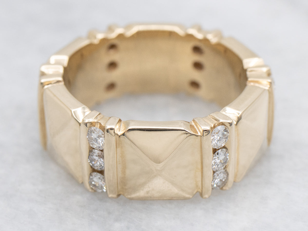 Bar-Set Diamond and Gold Pyramid Pattern Band
