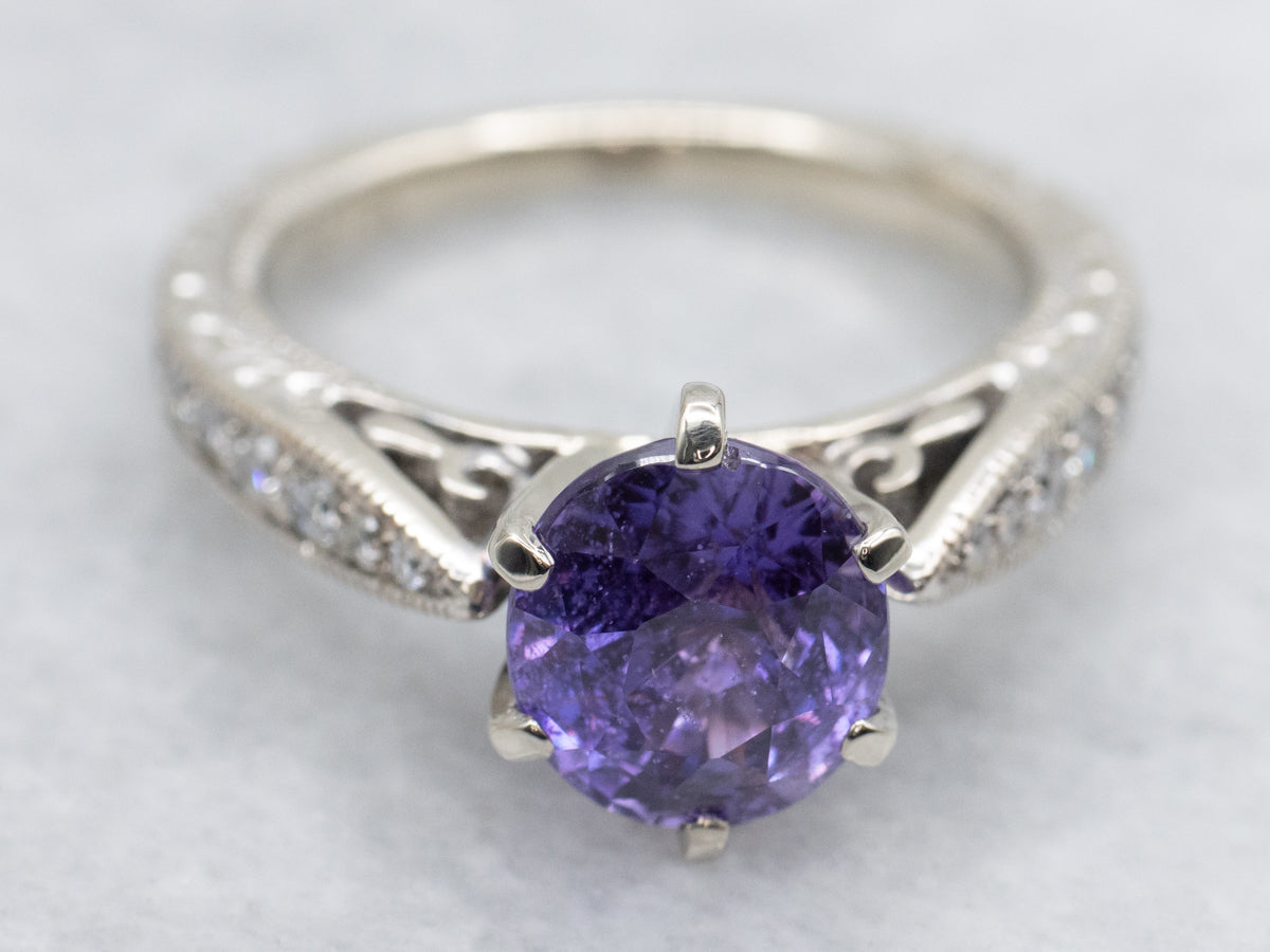 Modern Purple Sapphire and Diamond Shoulder Gold Ring