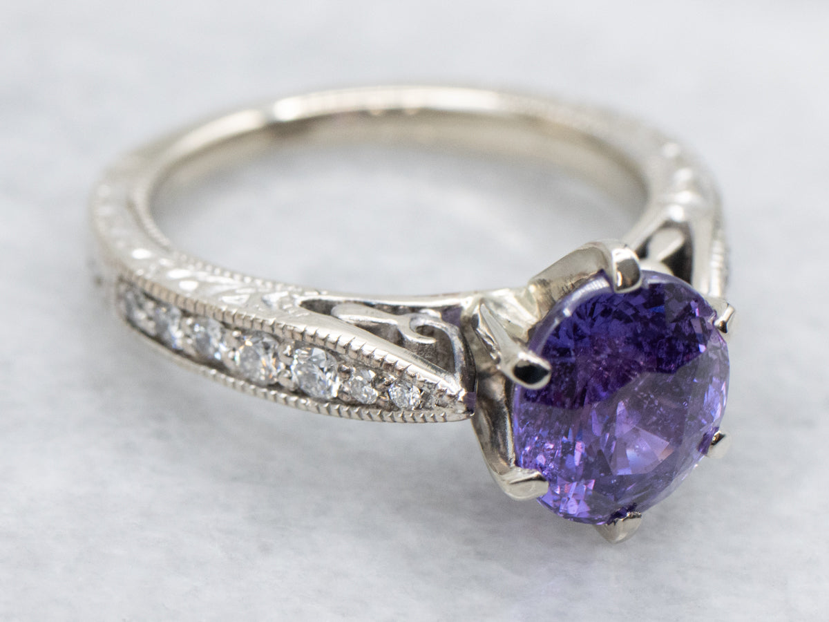 Modern Purple Sapphire and Diamond Shoulder Gold Ring