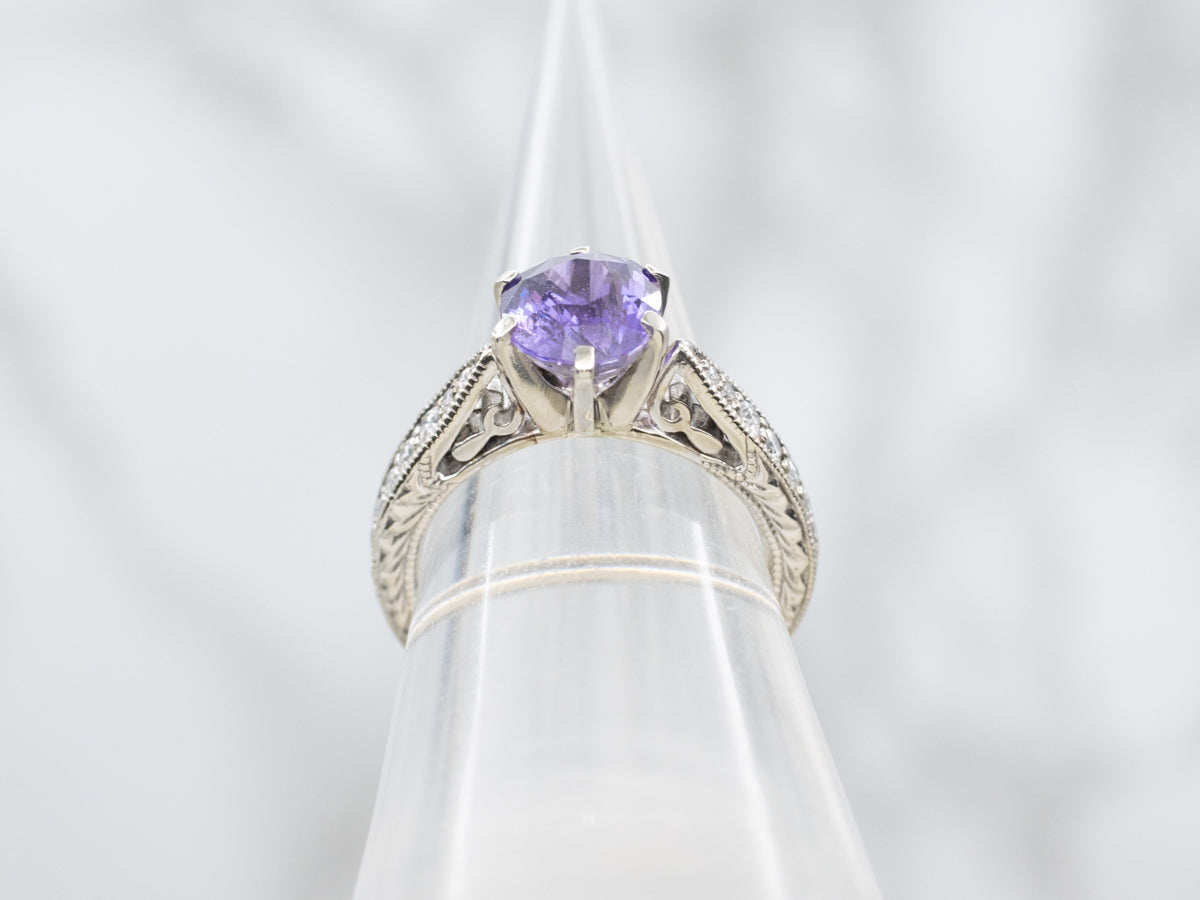 Modern Purple Sapphire and Diamond Shoulder Gold Ring