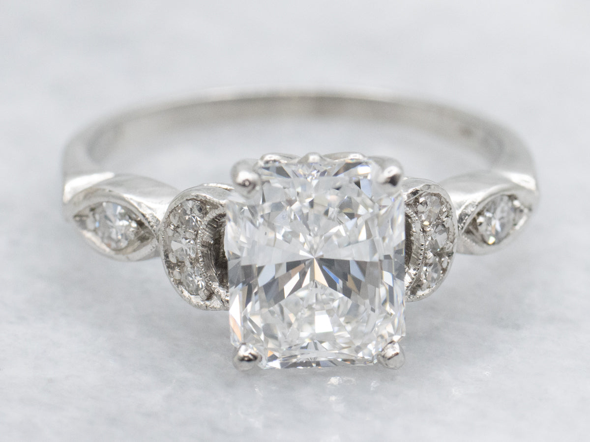 Platinum GIA Certified Emerald Cut Diamond Engagement Ring with Crescent Moon Shoulders