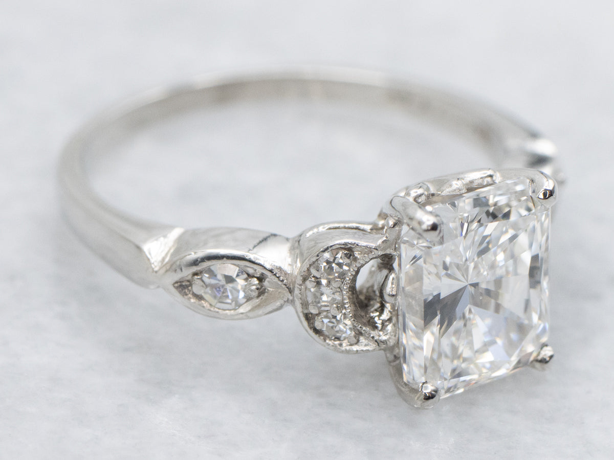 Platinum GIA Certified Emerald Cut Diamond Engagement Ring with Crescent Moon Shoulders