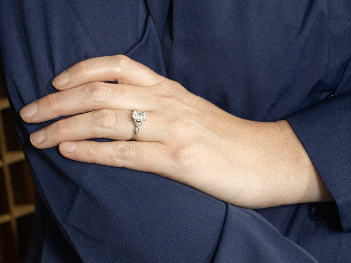 Platinum GIA Certified Emerald Cut Diamond Engagement Ring with Crescent Moon Shoulders
