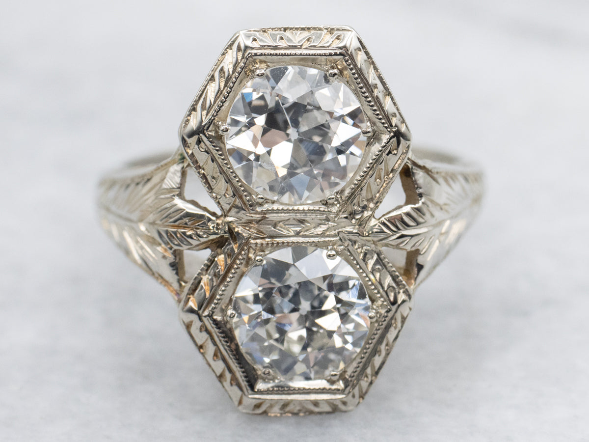 Antique Double European Cut Diamond White Gold Ring with Feathered Shoulders
