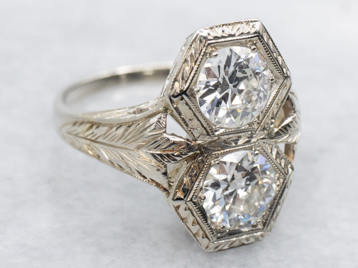 Antique Double European Cut Diamond White Gold Ring with Feathered Shoulders