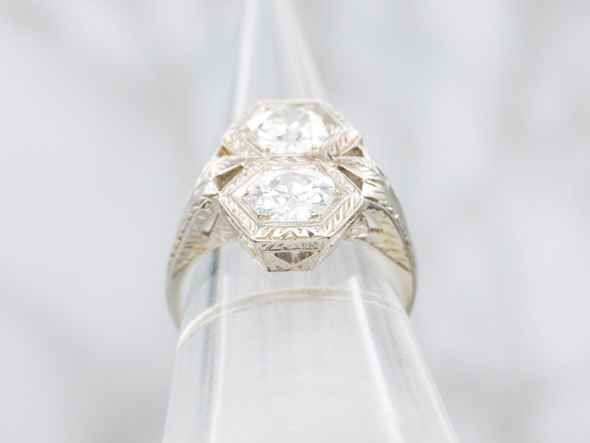 Antique Double European Cut Diamond White Gold Ring with Feathered Shoulders