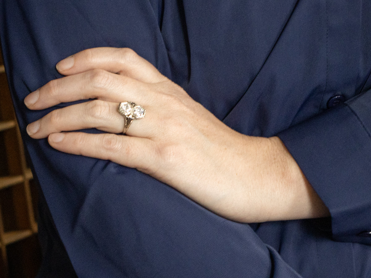 Antique Double European Cut Diamond White Gold Ring with Feathered Shoulders