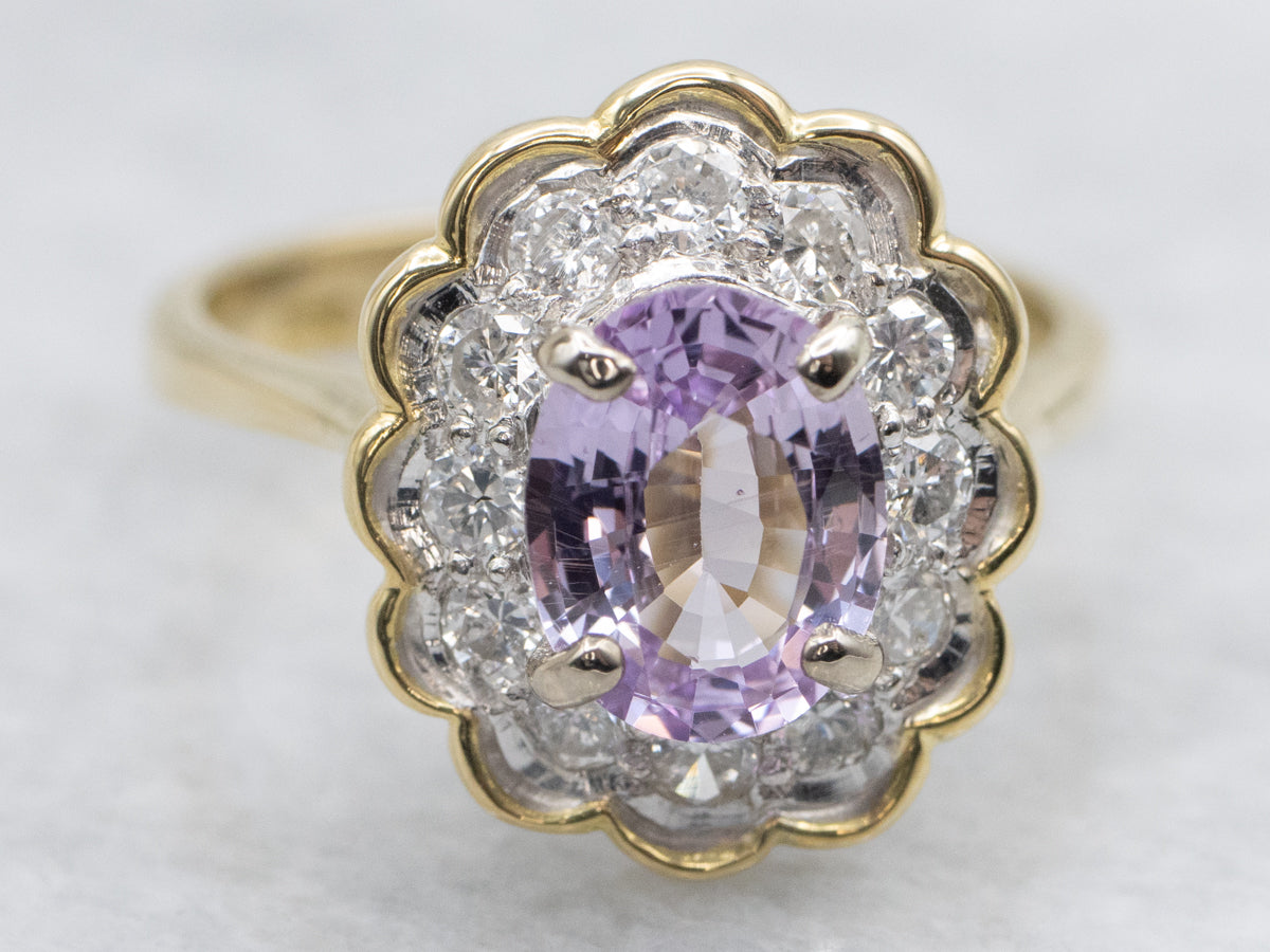 Scalloped Pink Sapphire and Diamond Halo Ring