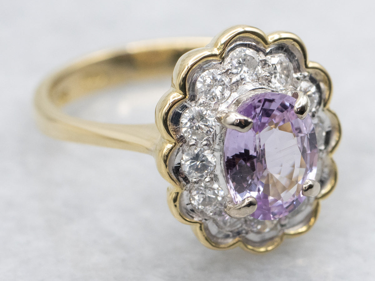Scalloped Pink Sapphire and Diamond Halo Ring