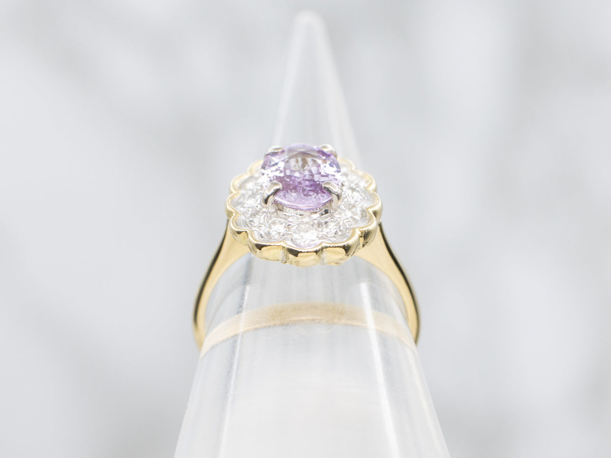 Scalloped Pink Sapphire and Diamond Halo Ring