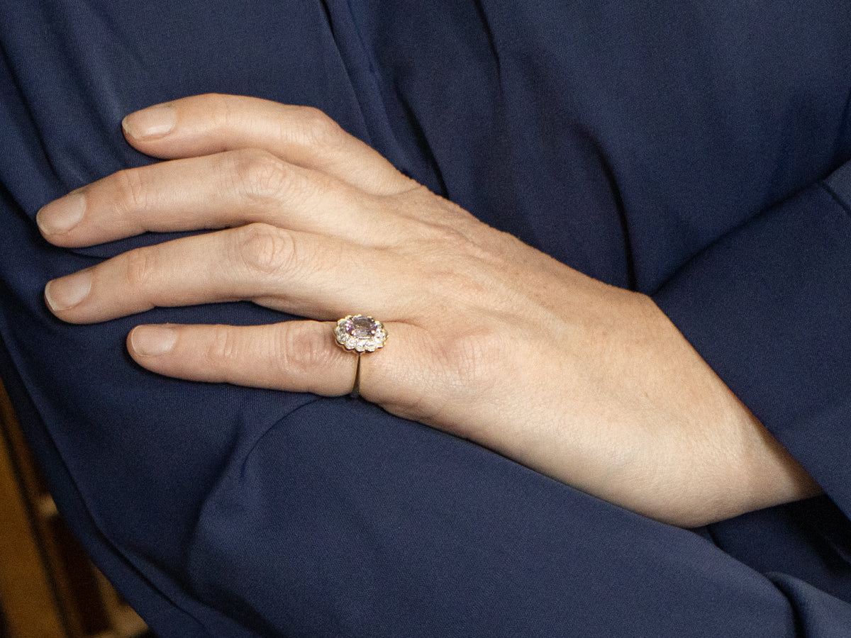 Scalloped Pink Sapphire and Diamond Halo Ring