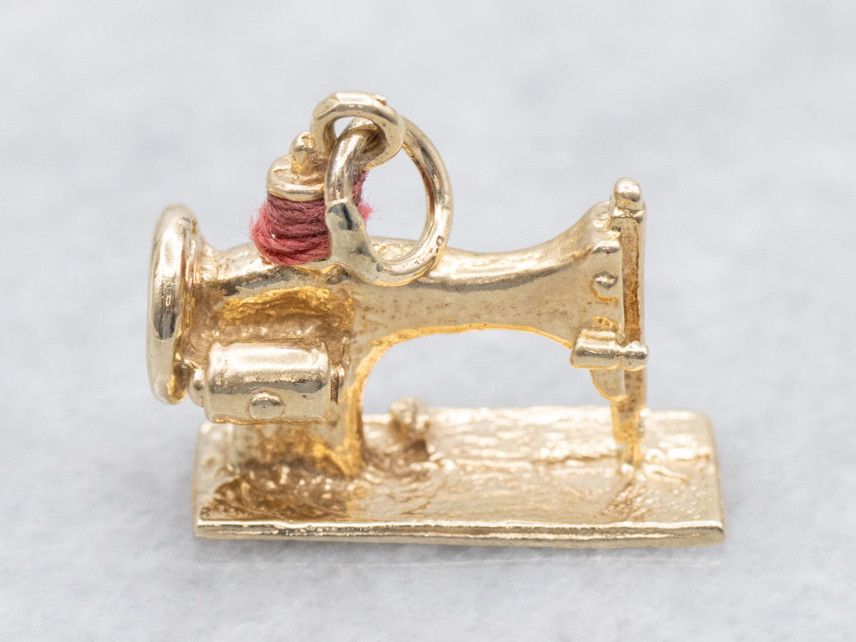 Vintage Gold Sewing Machine Pendant with Thread