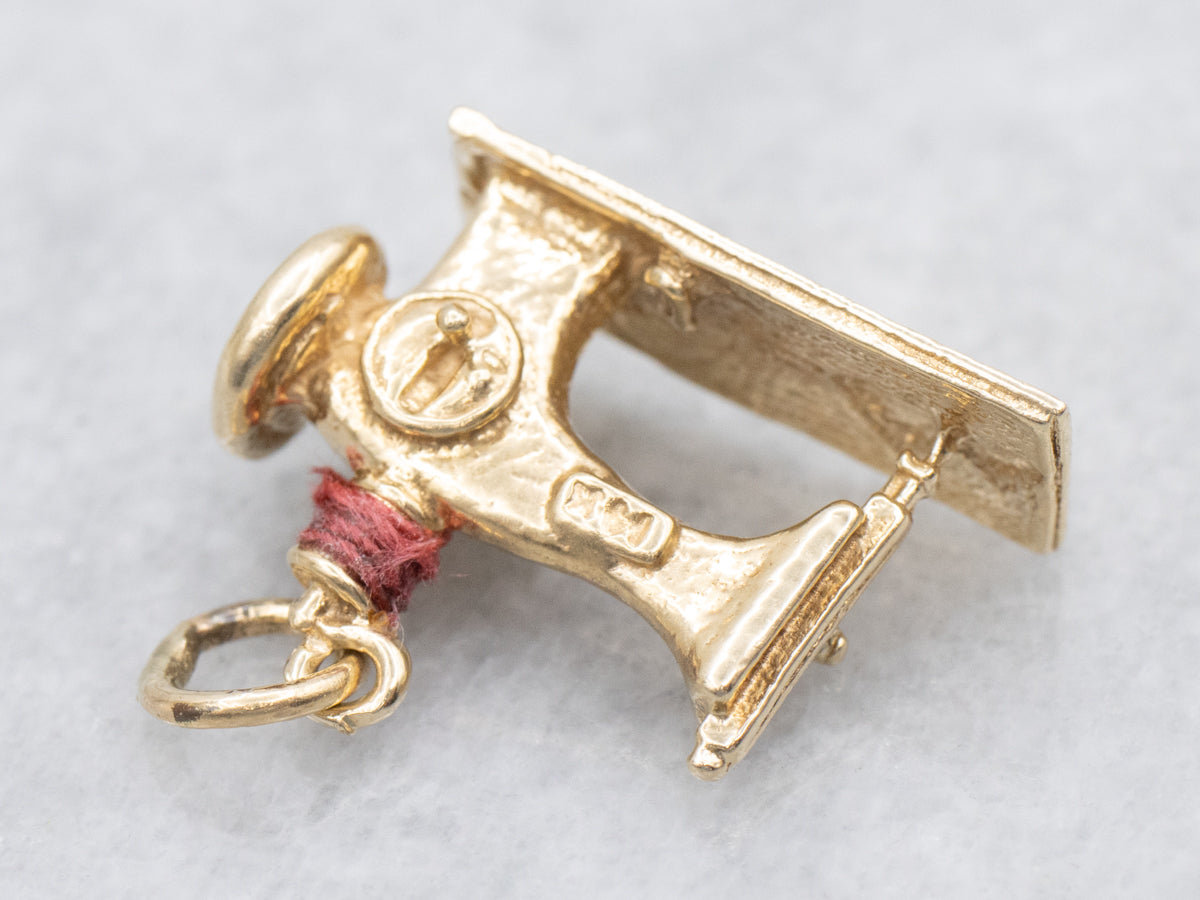 Vintage Gold Sewing Machine Pendant with Thread