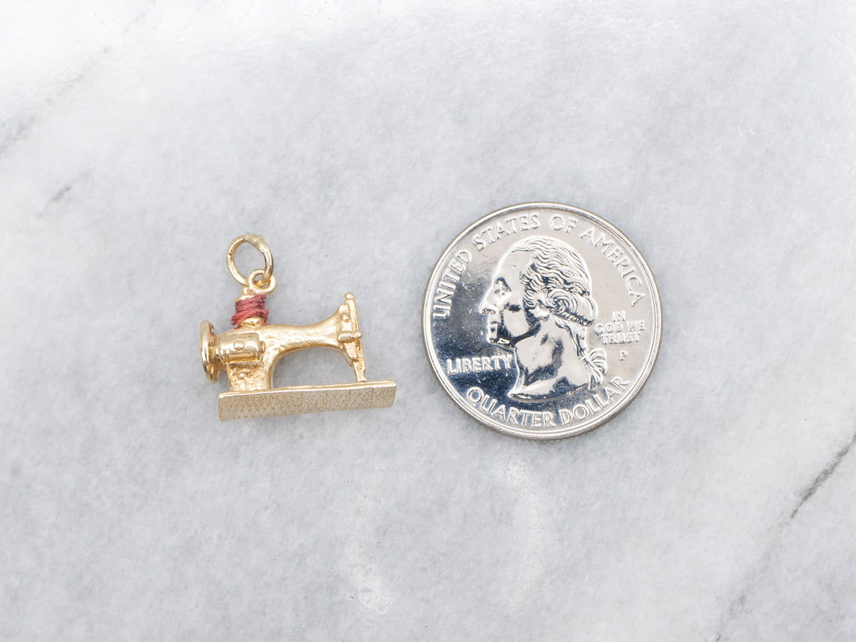 Vintage Gold Sewing Machine Pendant with Thread