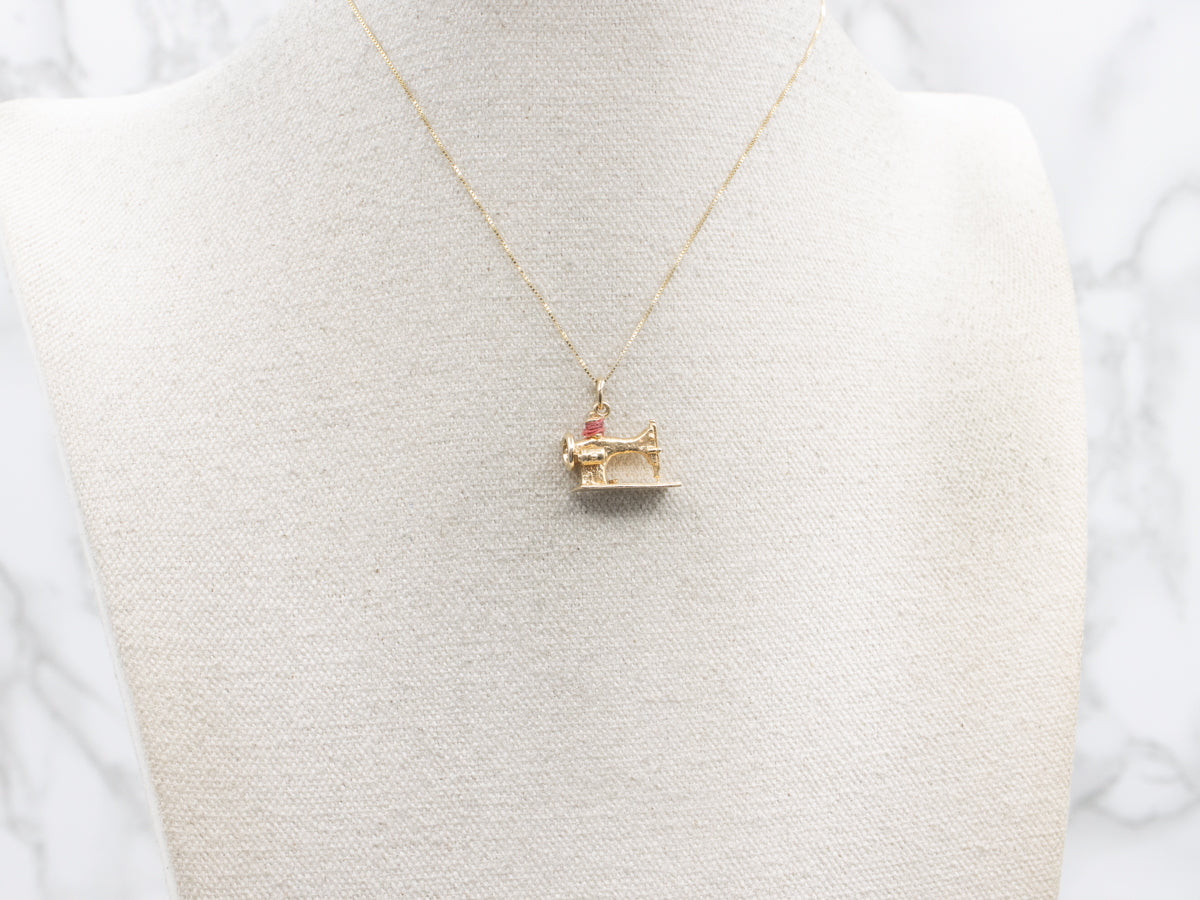 Vintage Gold Sewing Machine Pendant with Thread