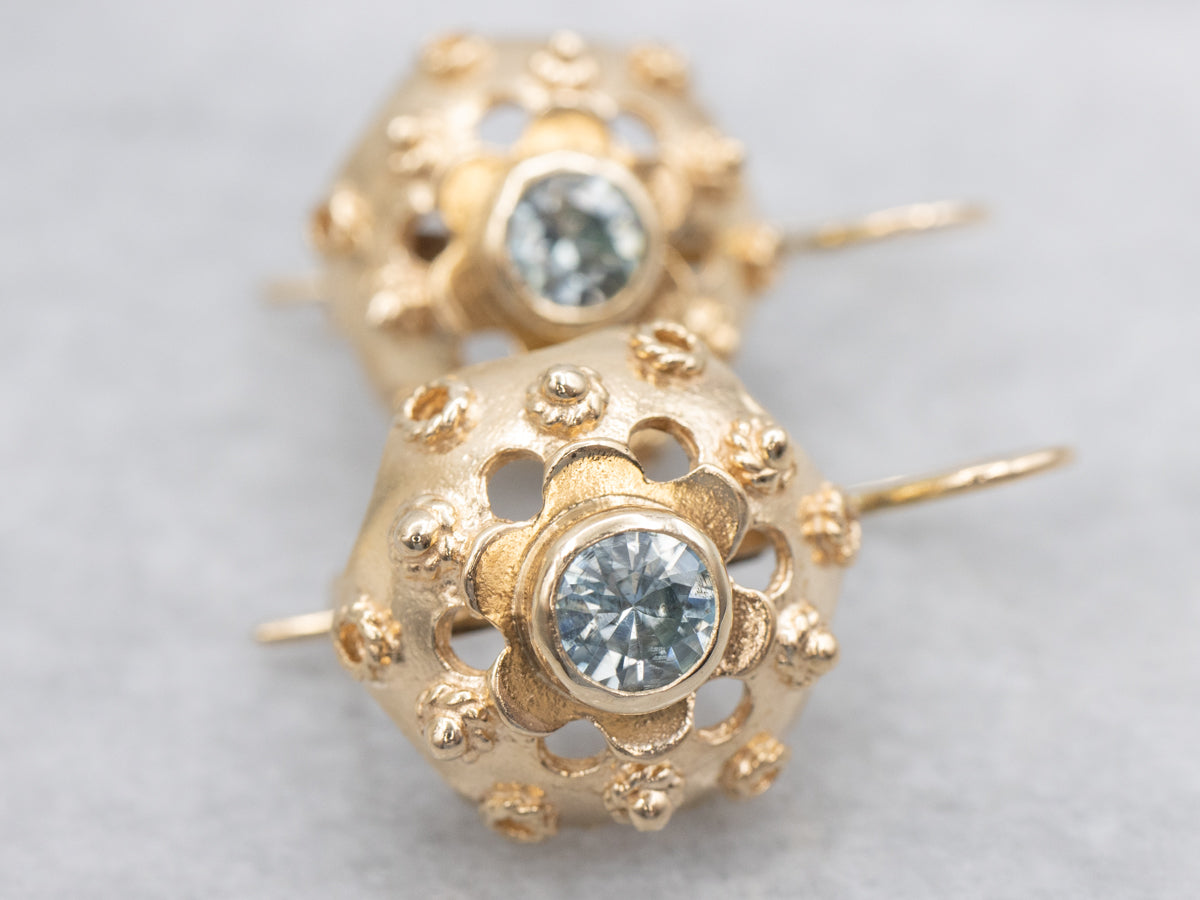 Golden Bezel-Set Blue Zircon Floral Drop Earrings