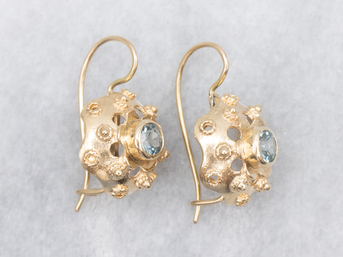 Golden Bezel-Set Blue Zircon Floral Drop Earrings