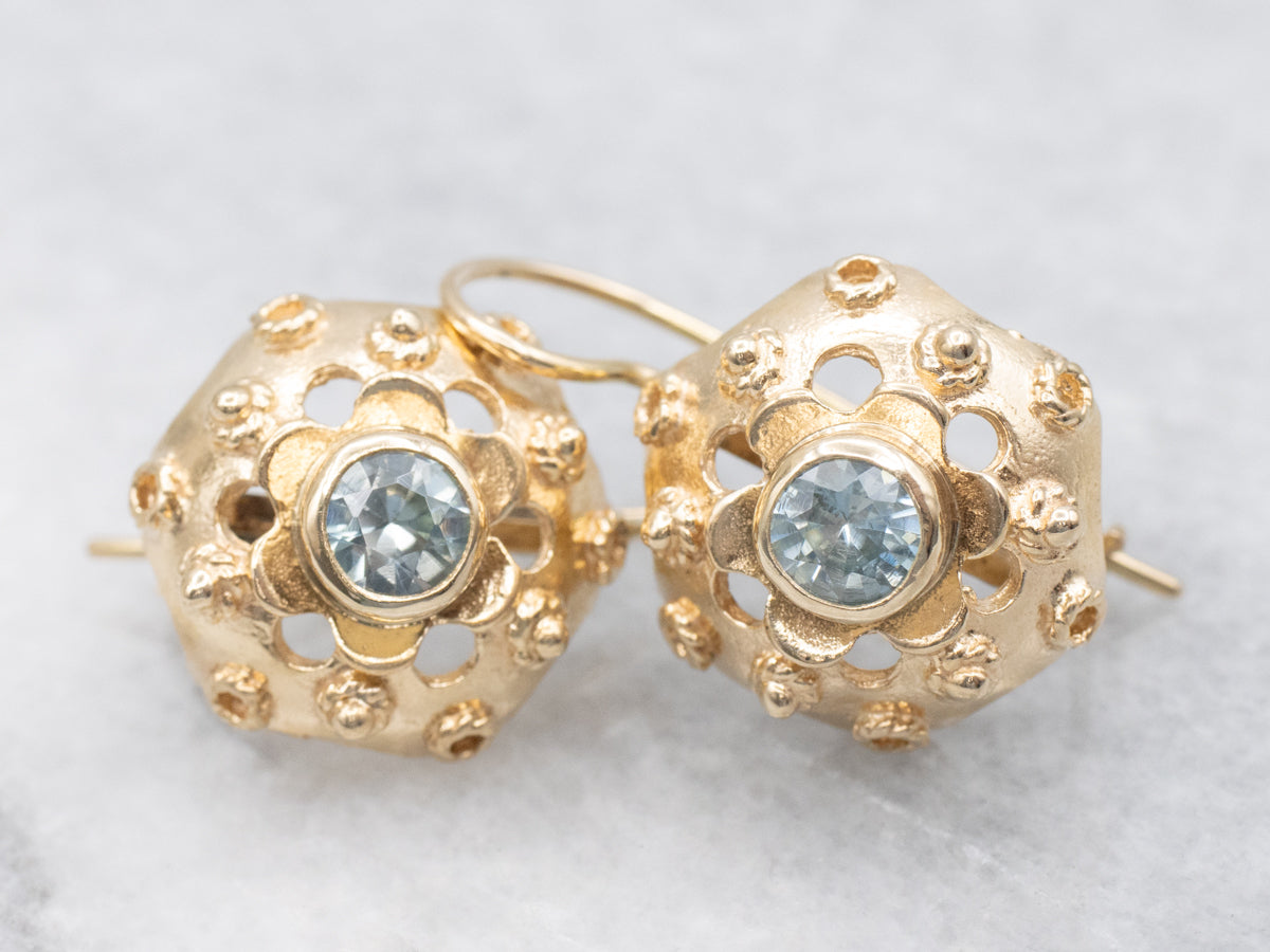 Golden Bezel-Set Blue Zircon Floral Drop Earrings