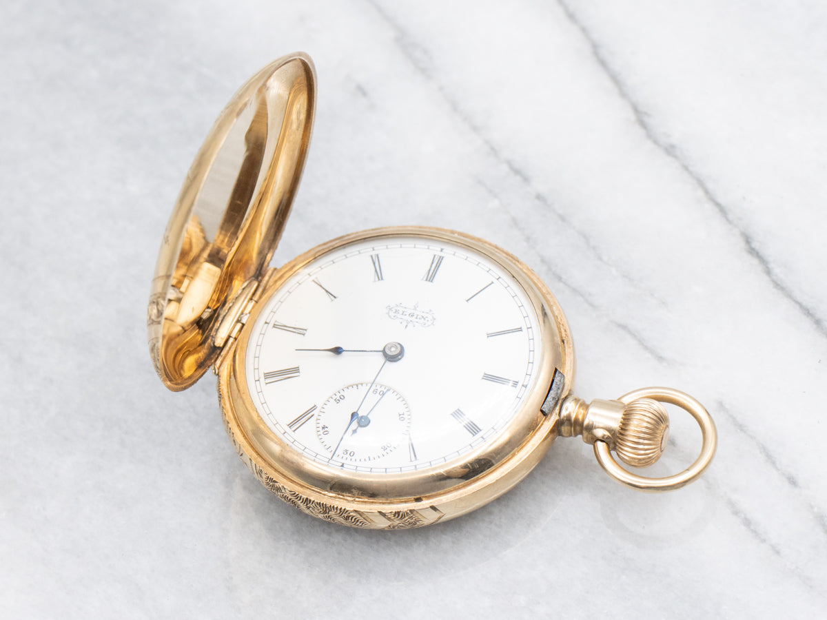 Floral Engraved Elgin 1894 Gold Hunters Case Pocket Watch