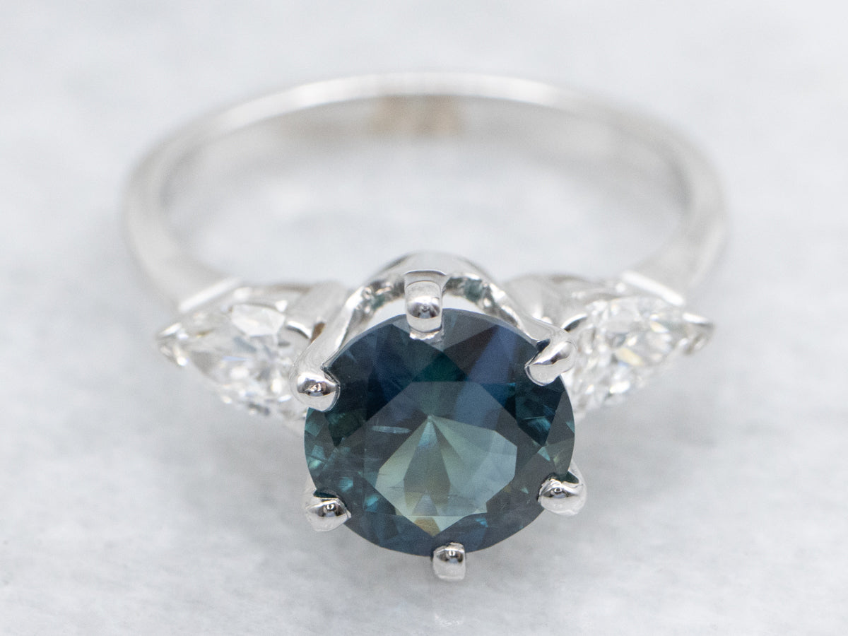 Blue-Green Sapphire and Diamond Engagement Ring