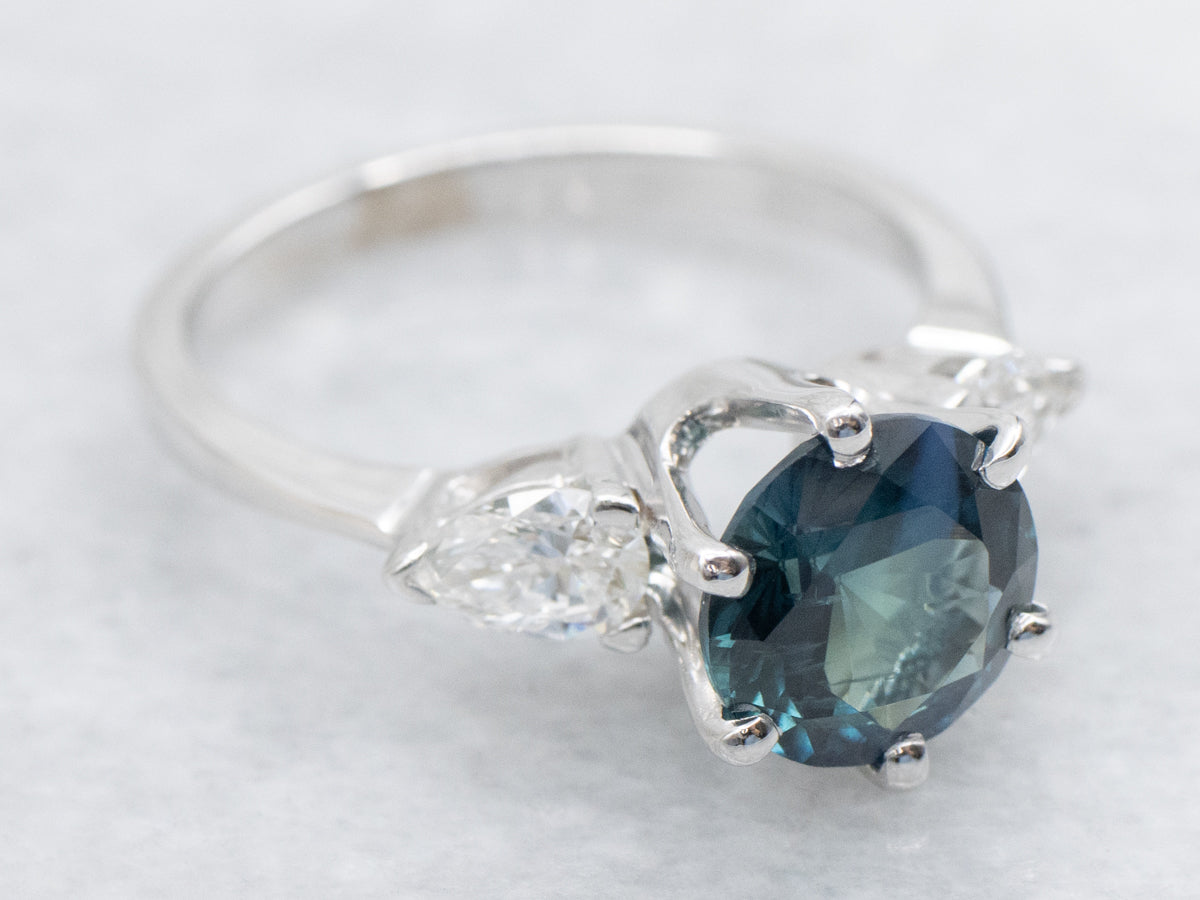 Blue-Green Sapphire and Diamond Engagement Ring