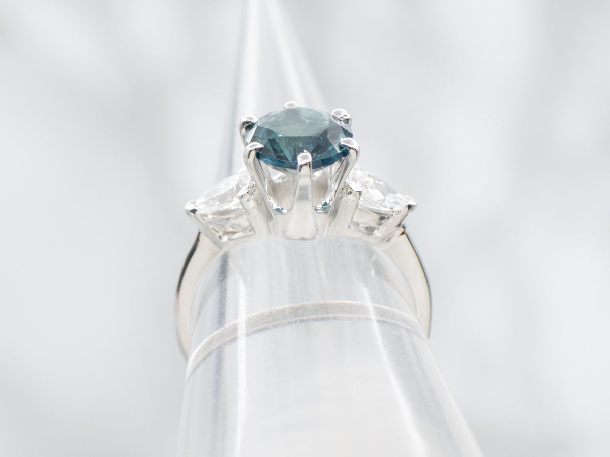 Blue-Green Sapphire and Diamond Engagement Ring