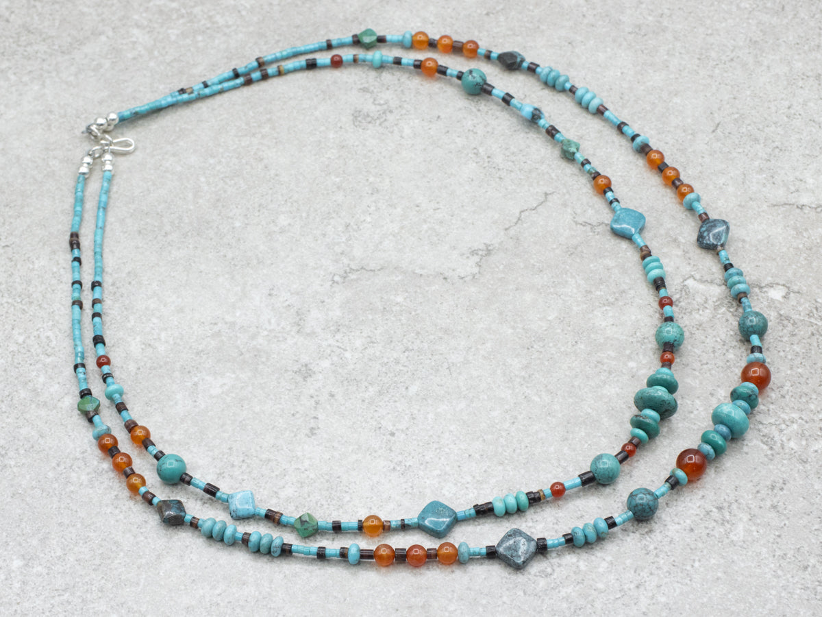 Beaded Turquoise Carnelian and Heishi Beaded Double Strand Necklace