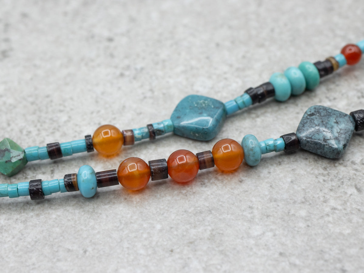 Beaded Turquoise Carnelian and Heishi Beaded Double Strand Necklace