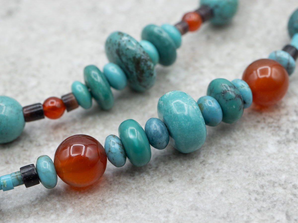 Beaded Turquoise Carnelian and Heishi Beaded Double Strand Necklace