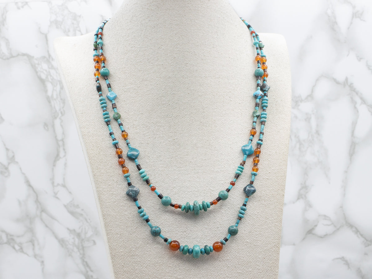 Beaded Turquoise Carnelian and Heishi Beaded Double Strand Necklace