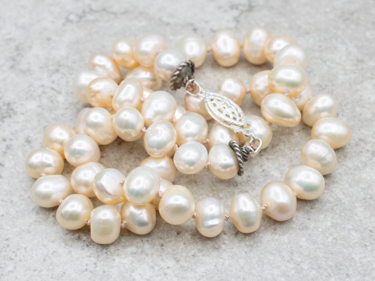 Blushed Pink Freshwater Pearl Beaded Necklace with Filigree Clasp