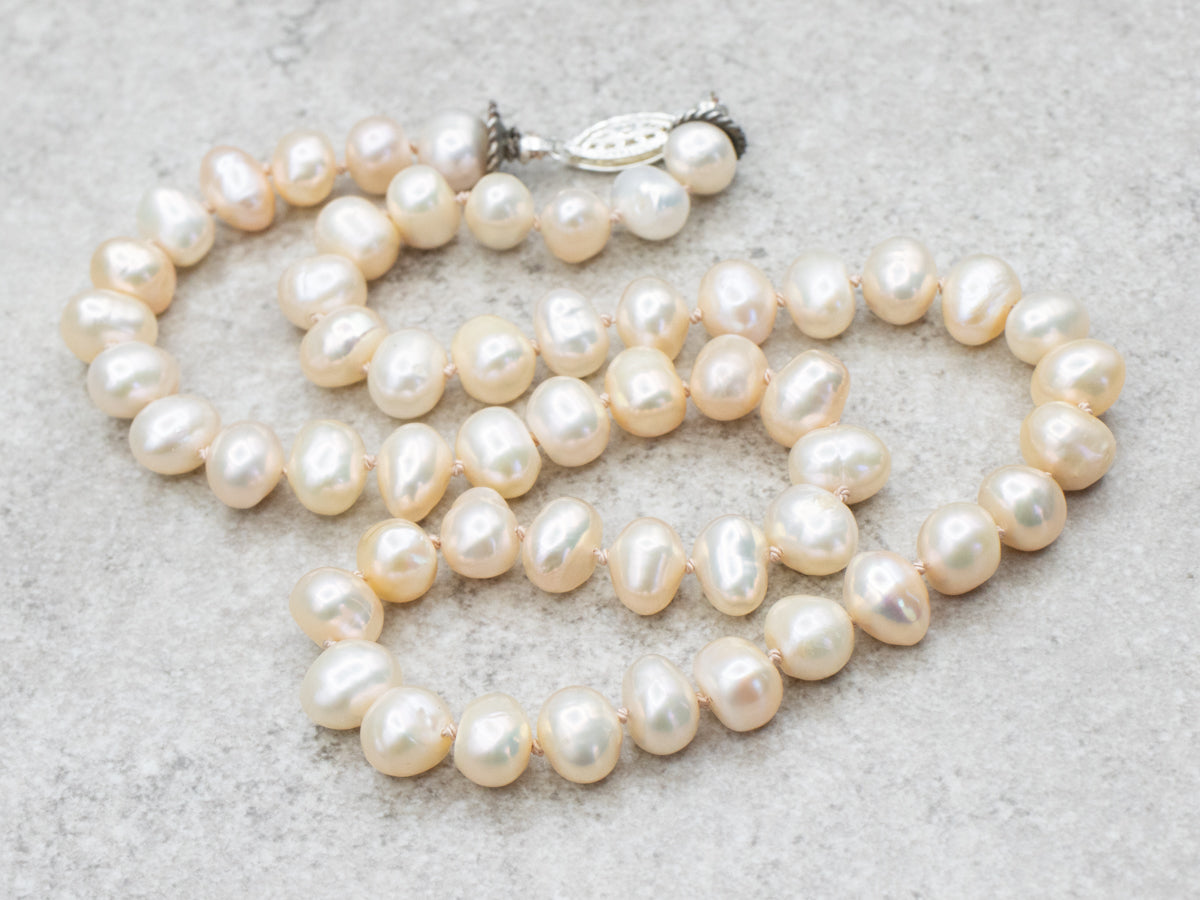 Blushed Pink Freshwater Pearl Beaded Necklace with Filigree Clasp