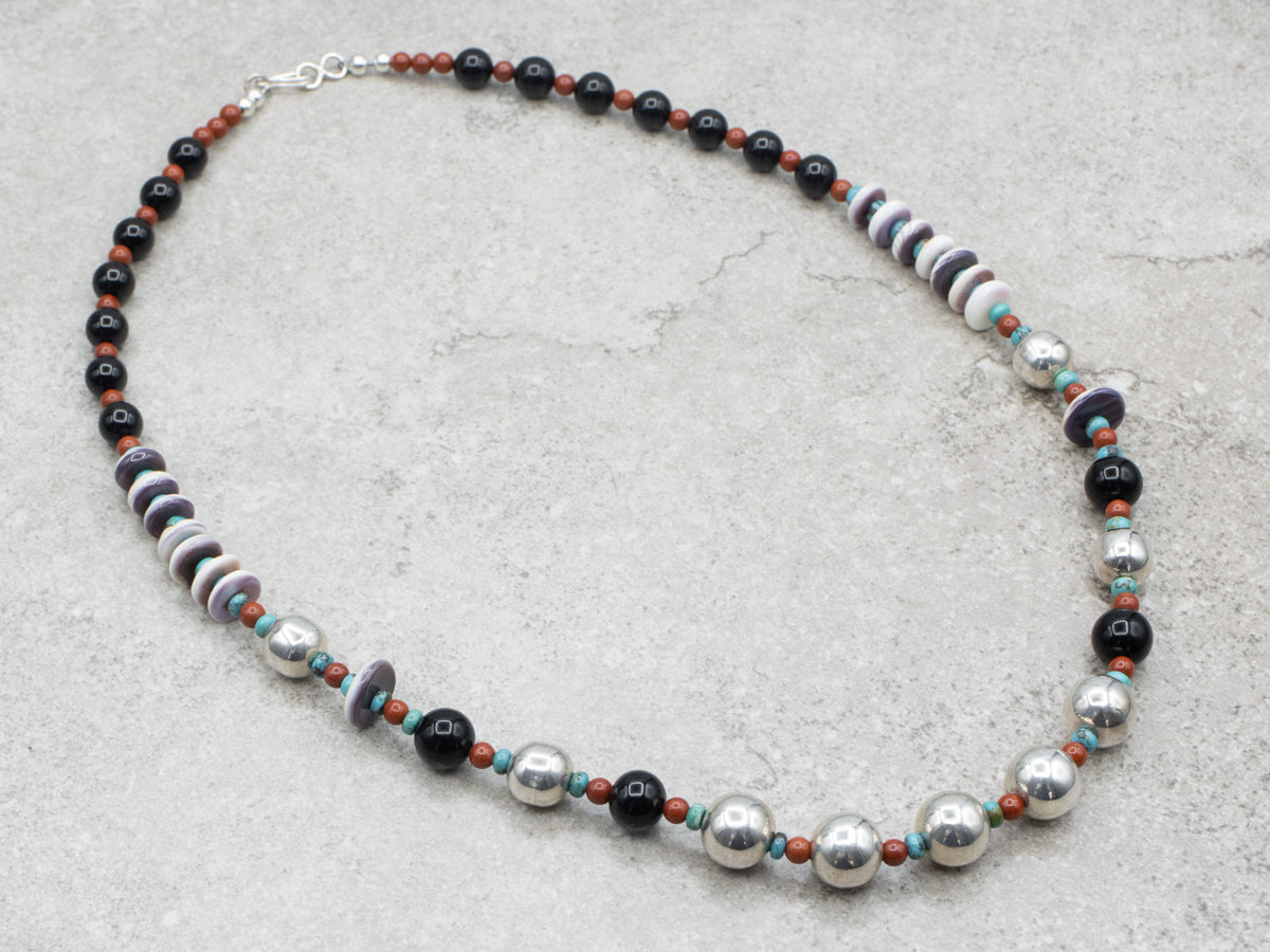 Sterling Silver Black Onyx Carnelian Turquoise and Wampum Shell Beaded Necklace