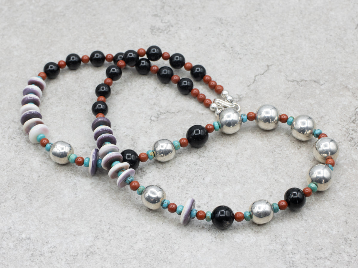 Sterling Silver Black Onyx Carnelian Turquoise and Wampum Shell Beaded Necklace