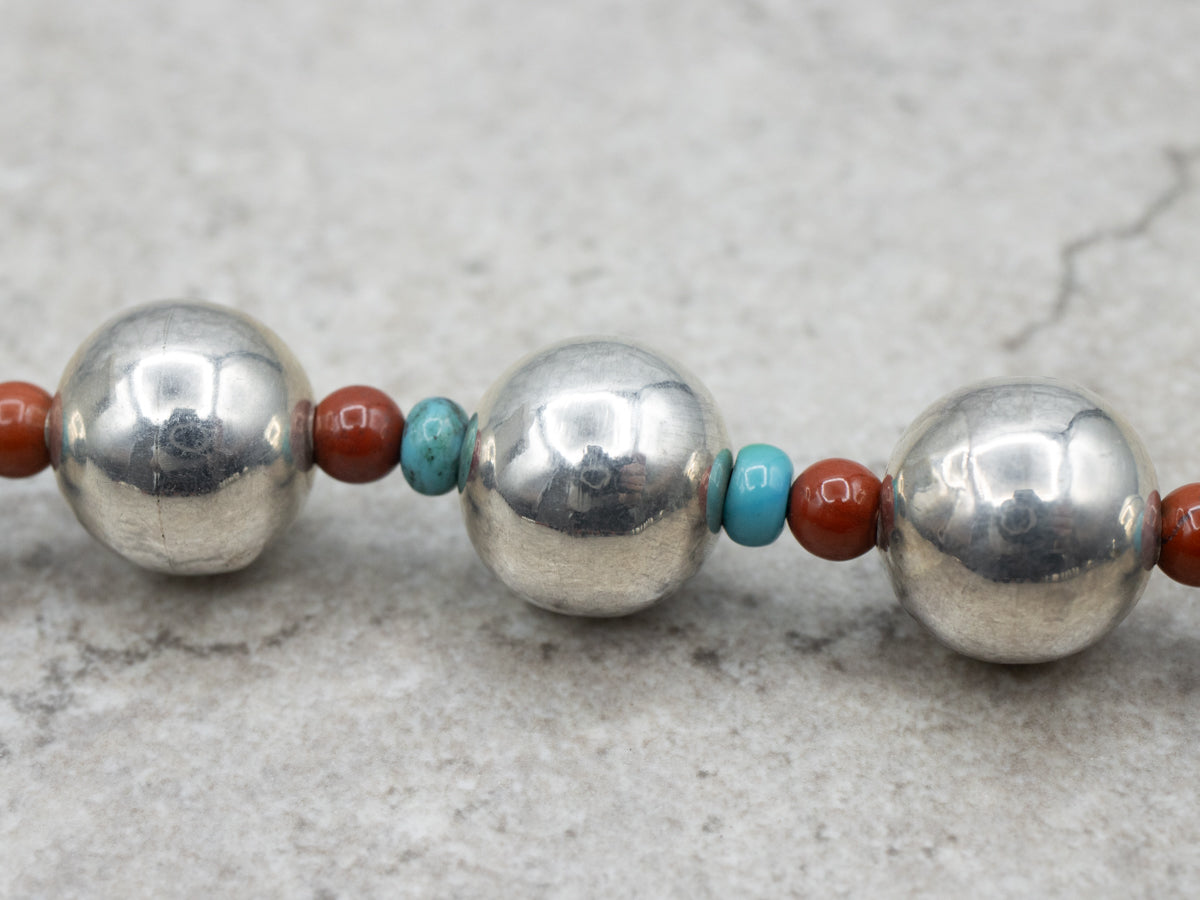 Sterling Silver Black Onyx Carnelian Turquoise and Wampum Shell Beaded Necklace