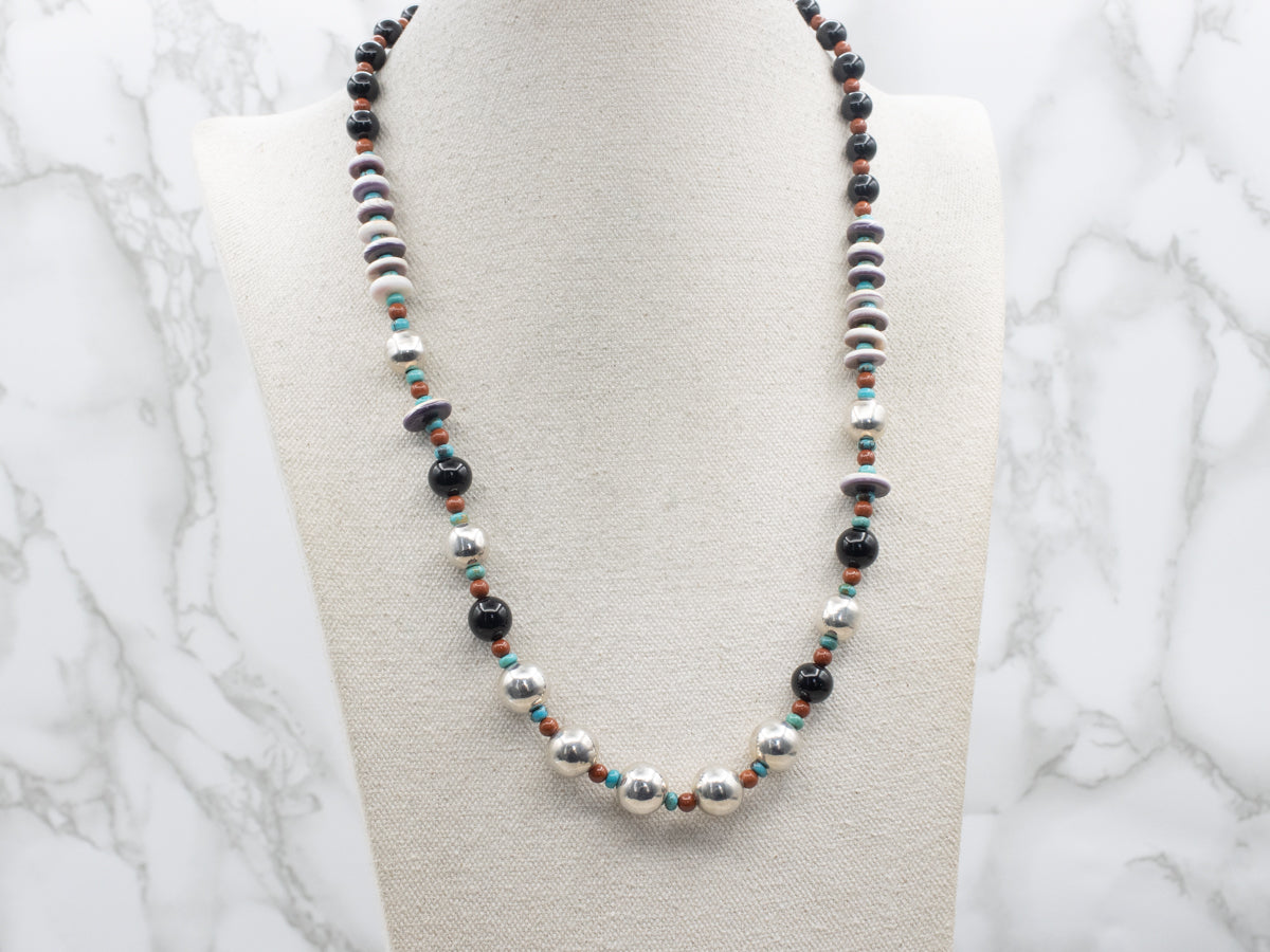 Sterling Silver Black Onyx Carnelian Turquoise and Wampum Shell Beaded Necklace