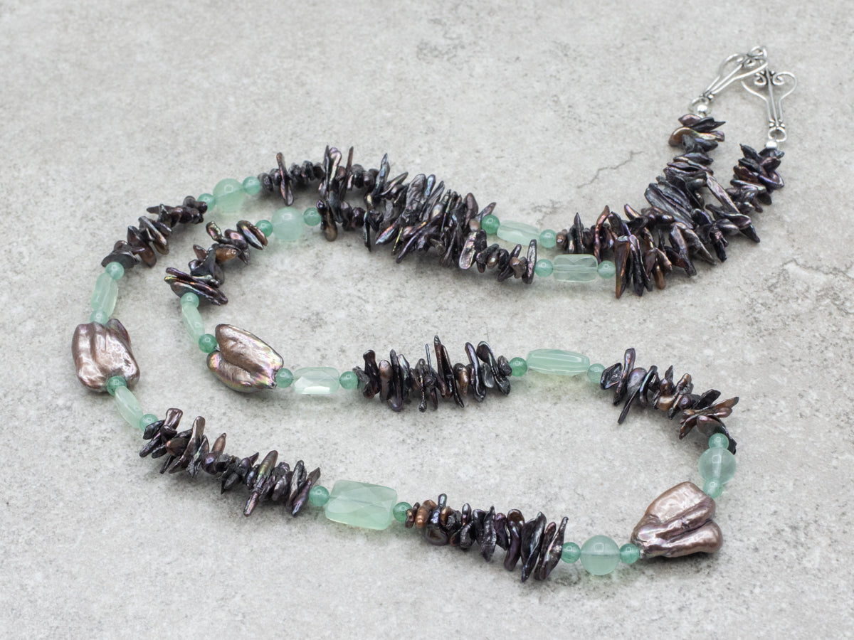 Beaded Iridescent Baroque Pearls and Aventurine Beaded Necklace