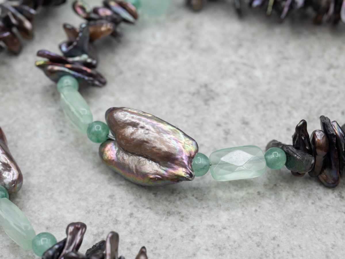 Beaded Iridescent Baroque Pearls and Aventurine Beaded Necklace