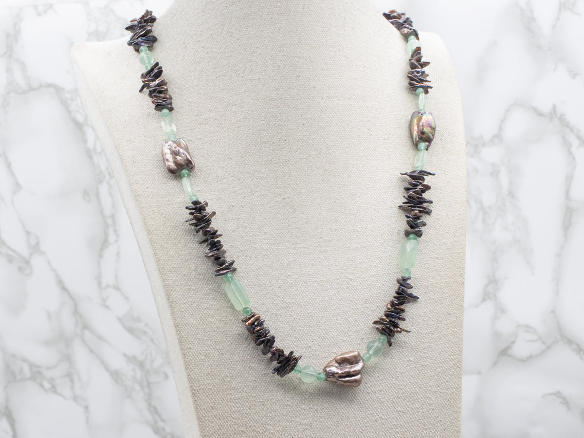 Beaded Iridescent Baroque Pearls and Aventurine Beaded Necklace