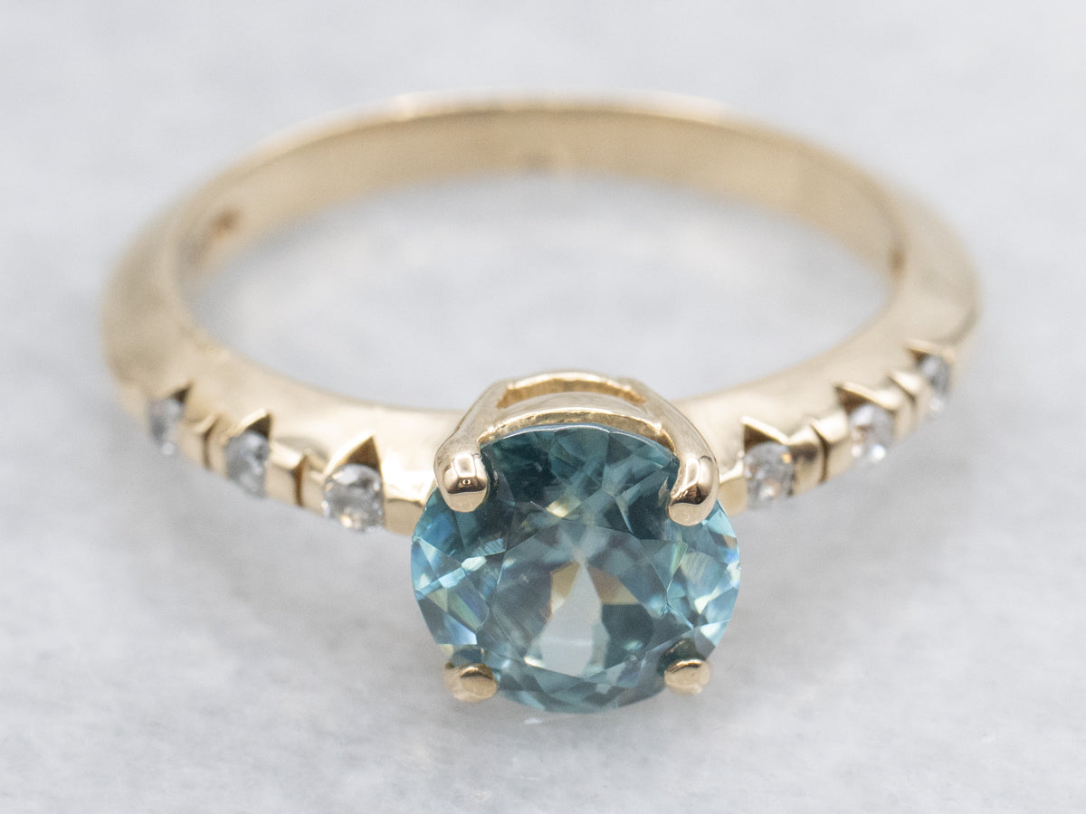 Round Cut Blue Zircon and Diamond Ring