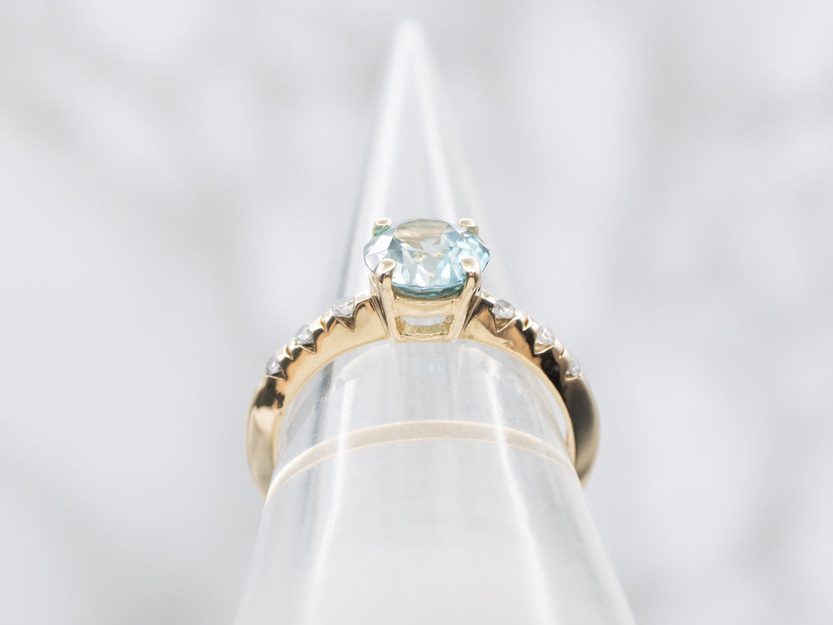 Round Cut Blue Zircon and Diamond Ring